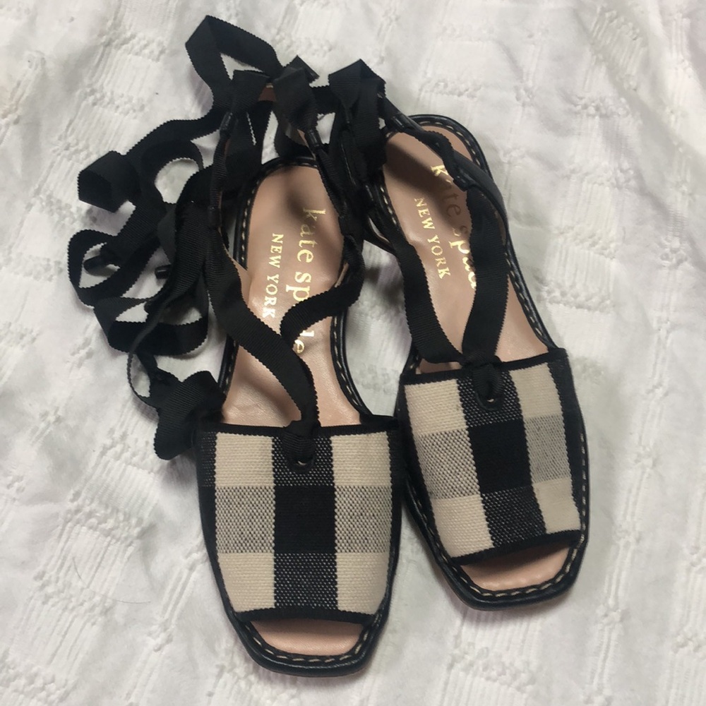 Kate Spade NY Maggie Check Open Toe Ankle Ribbon Wrap Sandals Size 7.5